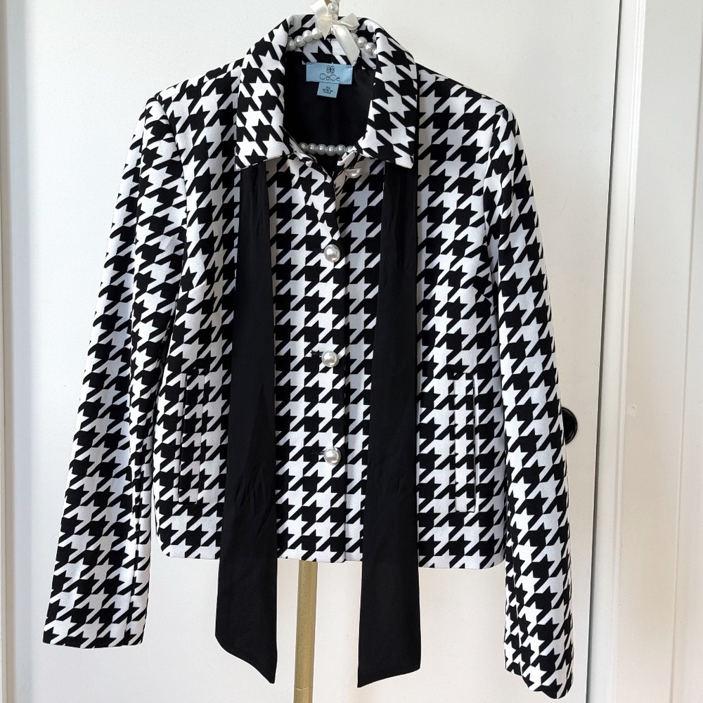 CeCe Black & White Houndstooth Tie-Neck Jacket